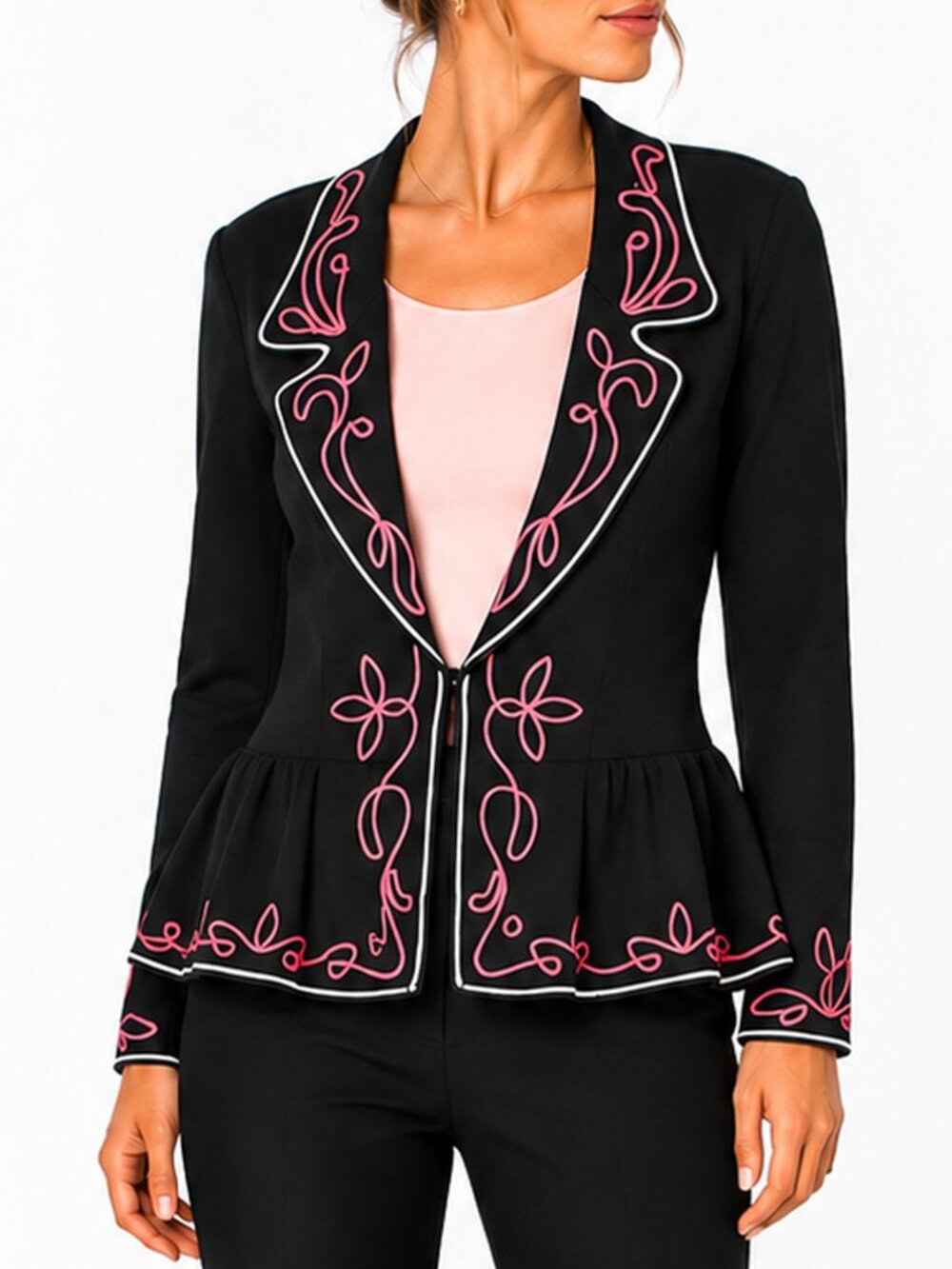 Ming Wang M Black Pink Embroidered Peplum Blazer Jacket Western Statement Career